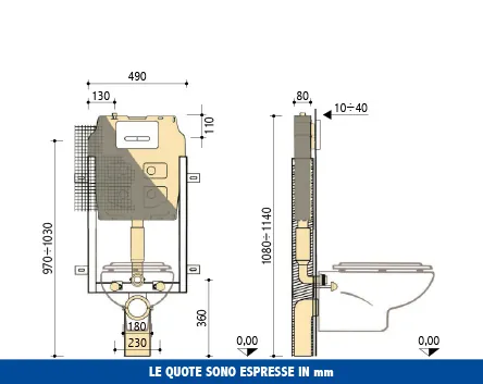 Cassetta incasso Pucci Eco 6/3 litri Montaggio Rapido – disegno tecnico con quote