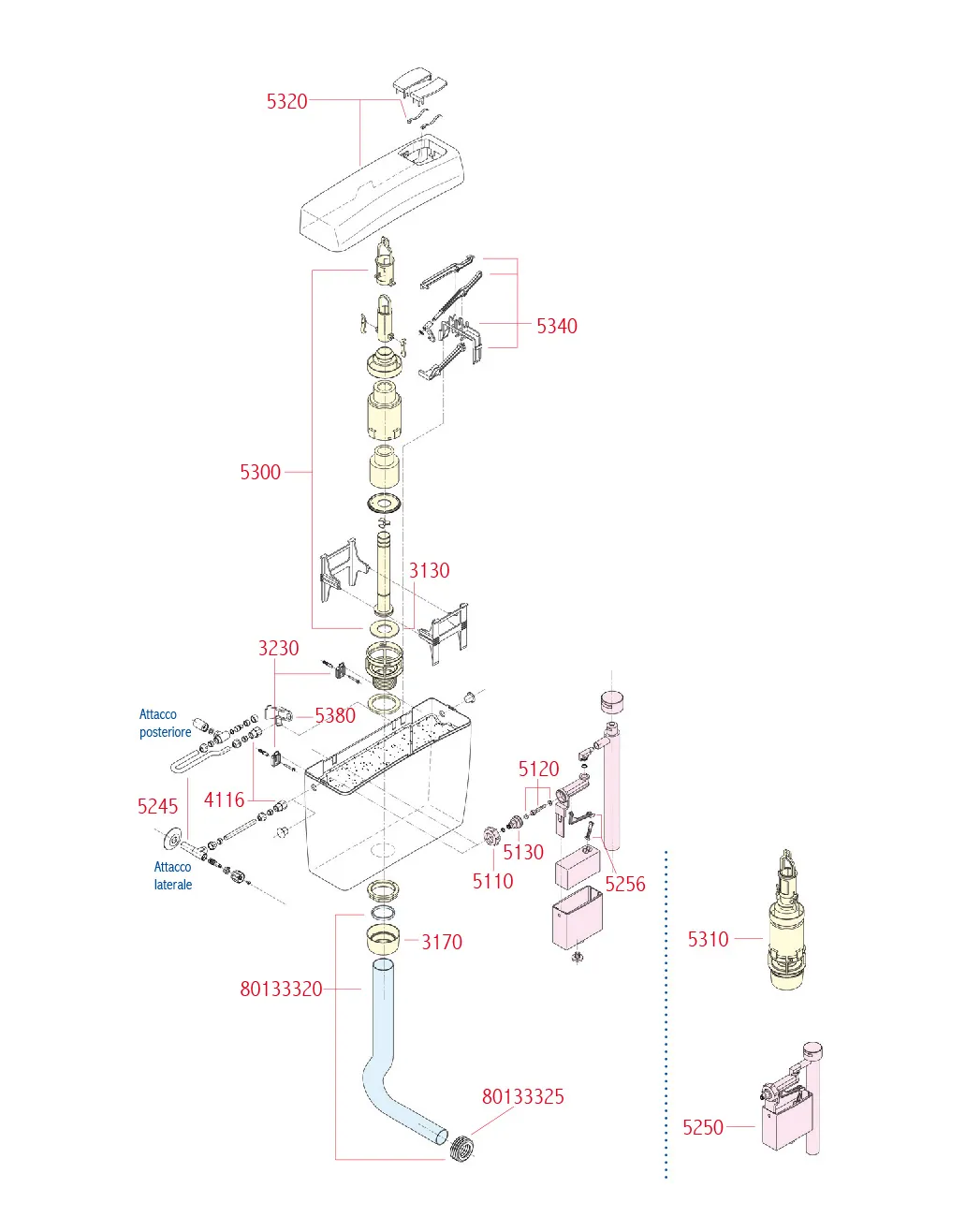 Pucci Eco exposed cistern – spare parts exploded view with codes