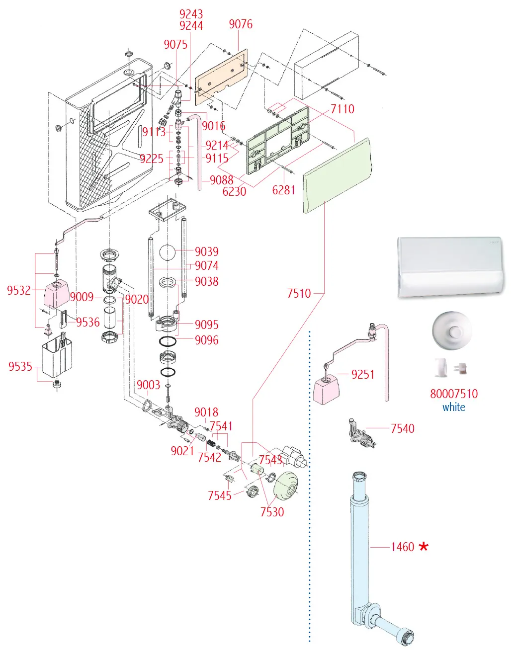 Pucci Copper low push-button cistern – spare parts exploded view with codes