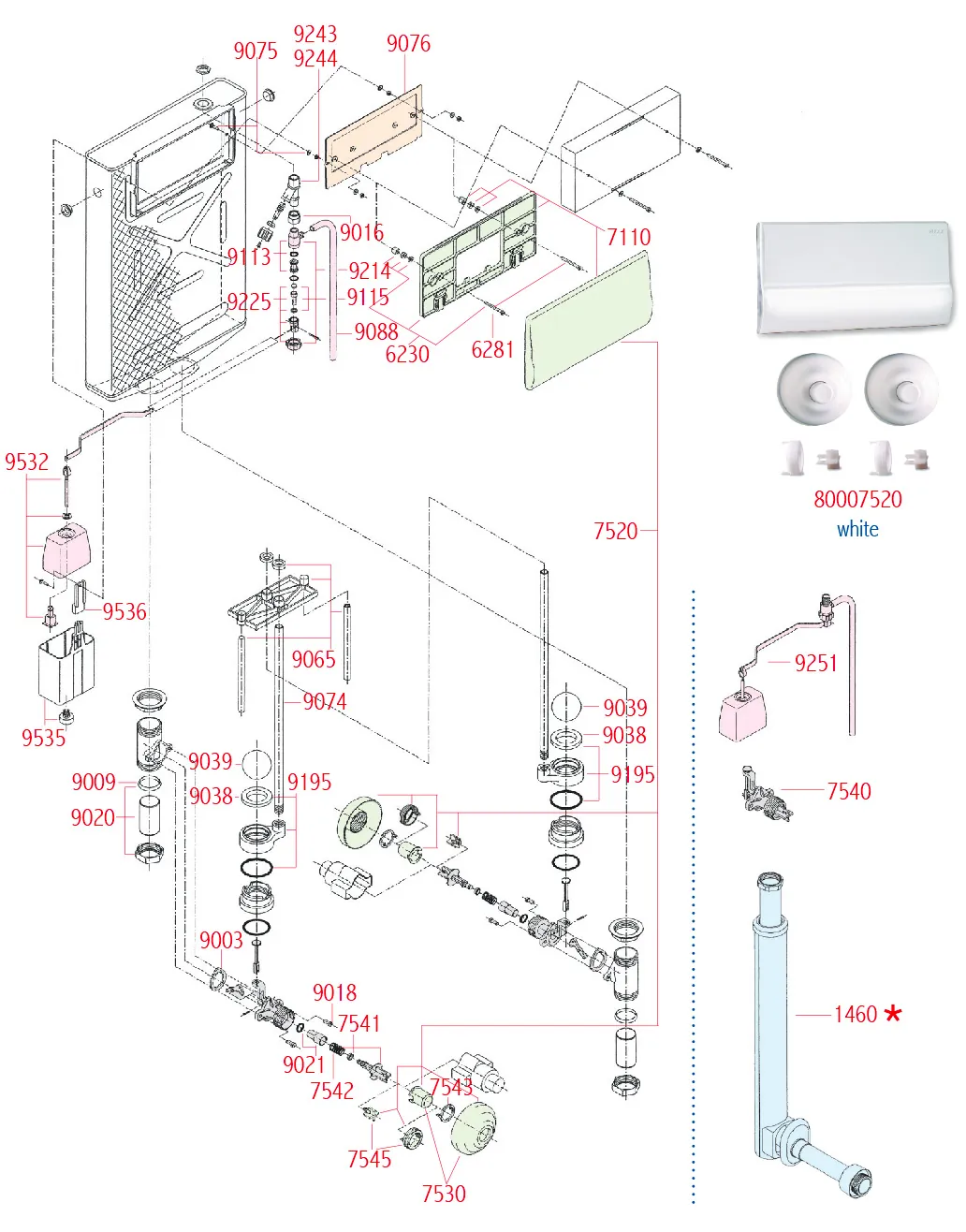 Pucci Copper double push-button cistern – spare parts exploded view with codes