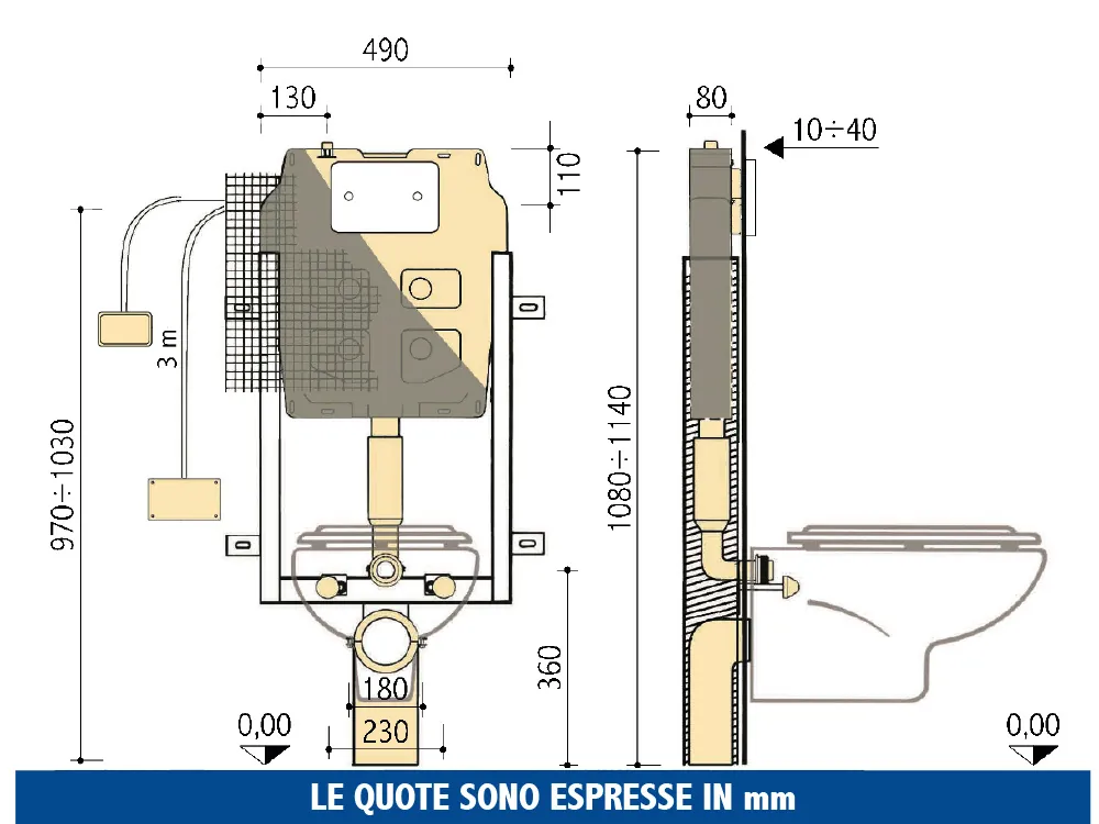 Cassetta incasso Pucci Eco Matic 6/3 litri Montaggio Rapido – disegno tecnico con quote