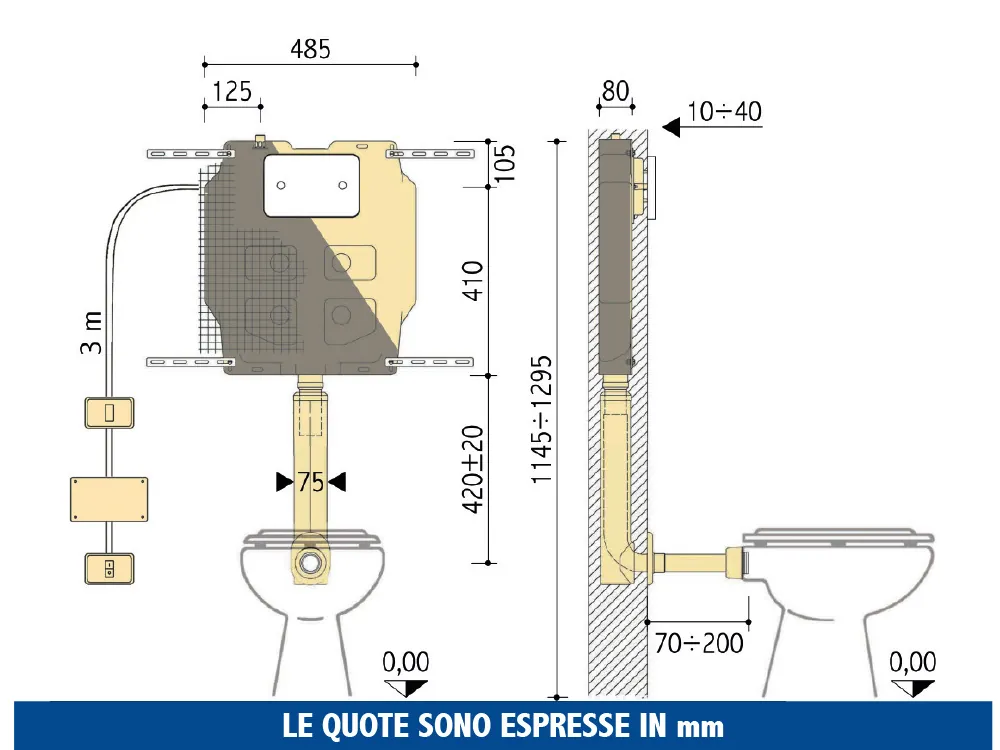 Cassetta incasso Pucci Eco Matic 6/3 litri – disegno tecnico con quote
