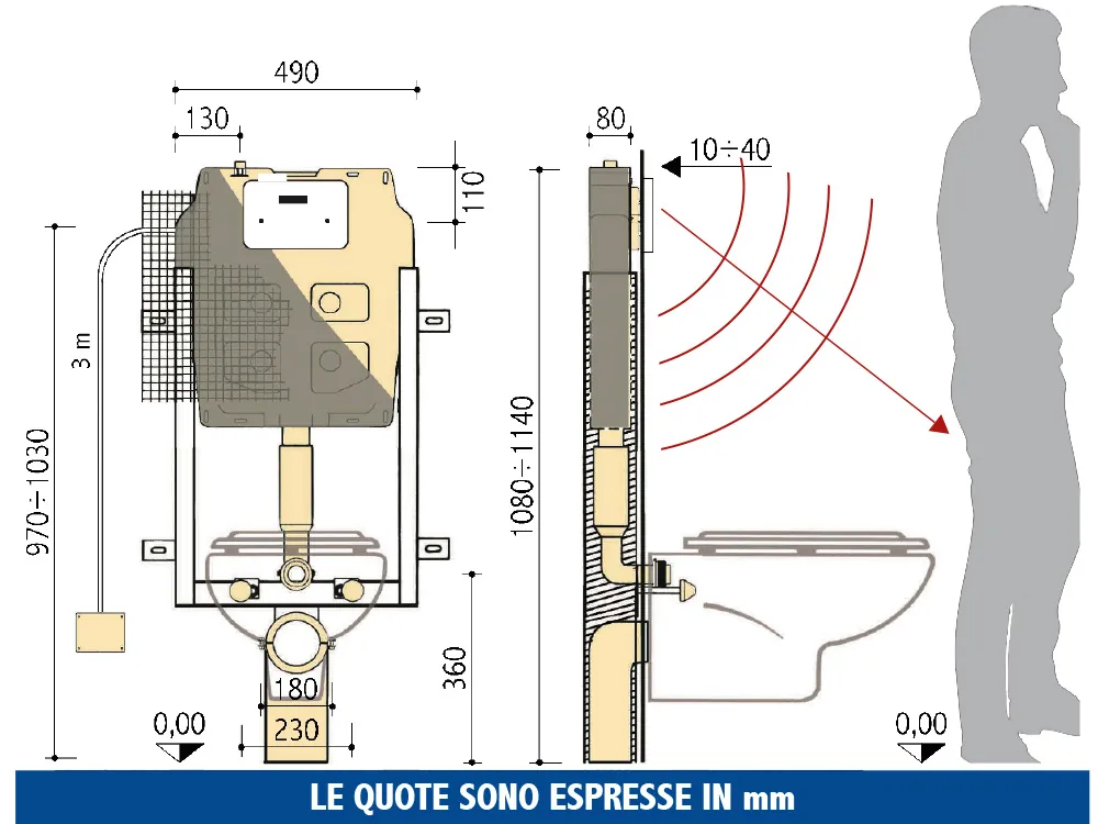 Cassetta incasso Pucci SARA Tronic 6/4 litri – disegno tecnico con quote