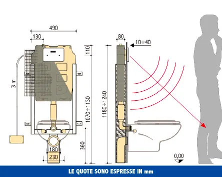 Cassetta incasso Pucci SARA Tronic 9/6/4 litri Montaggio Rapido – disegno tecnico con quote