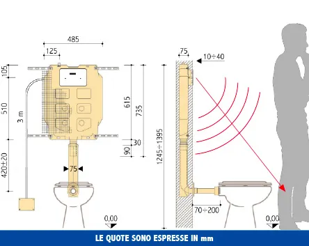 Cassetta incasso Pucci SARA Tronic 9/6/4 litri – disegno tecnico con quote