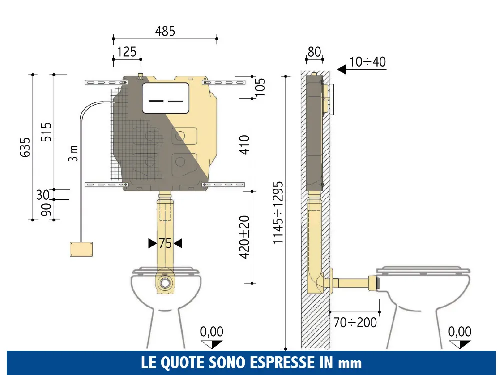 Cassetta incasso Pucci Eco Sfioro 6/3 litri – disegno tecnico con quote