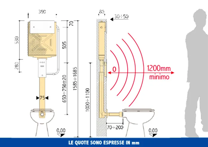 Cassetta incasso Pucci 10 litri Tronic – disegno tecnico con quote